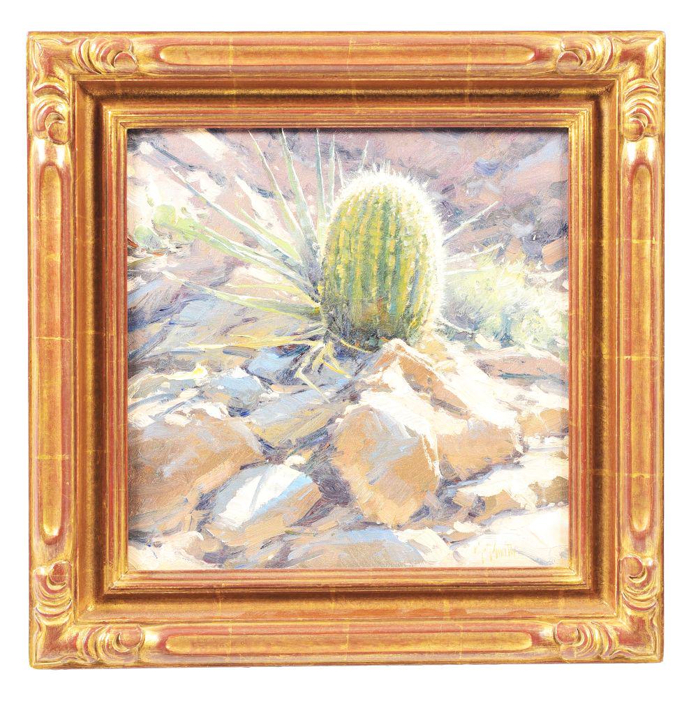 MATT SMITH (AMERICAN, B. 1960) "HORSE MESS BARREL".: Painting comes with original sales sticker from Scottsdale Art Auction.Artist: Matt Smith (American, b. 1960).Condition: Excellent.Created: 2009.Frame: Gold tone wood frame.Medium: Oil on canvas mount