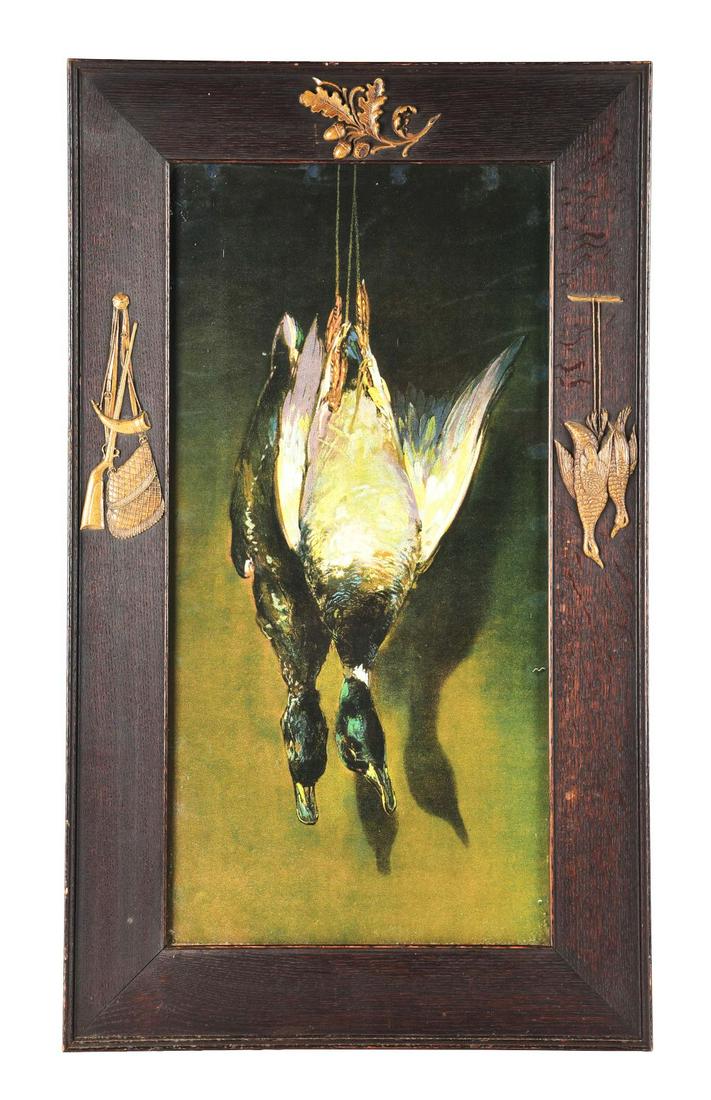 ART PRINT ON PANEL OF SPORTING SCENE IN STYLE OF GEORGE COPE.: A vintage framed fine art print on panel of the sporting scene in the style of George Cope. This classic painting depicts a hunt scene of two hanging mallard ducks, featuring much detail and subtle co