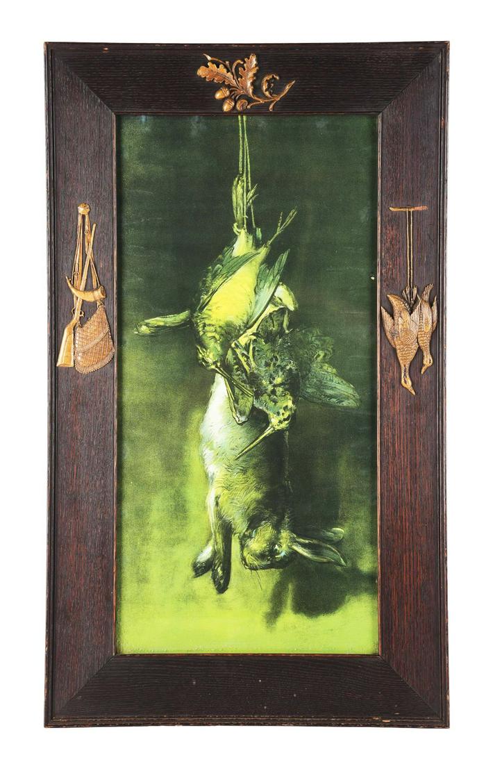 FRAMED HANGING GAME PAINTING IN THE STYLE OF GEORGE COPE.: Vintage framed fine art print on panel of the hanging game in the style of George Cope. This classic painting depicts a scene of two hanging animals. It is framed behind glass in a nicely carved wood
