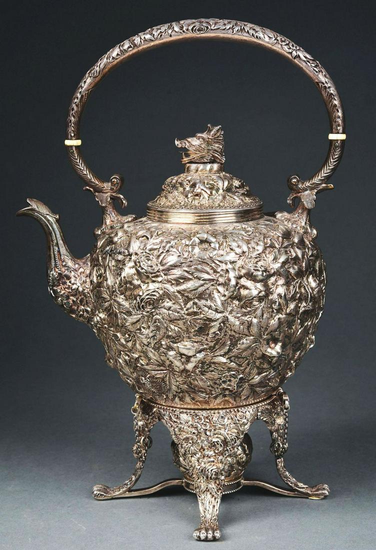 S. KIRK & SONS STERLING SILVER REPOUSSÉ TEA KETTLE W/ BURNER. (1 of 5)