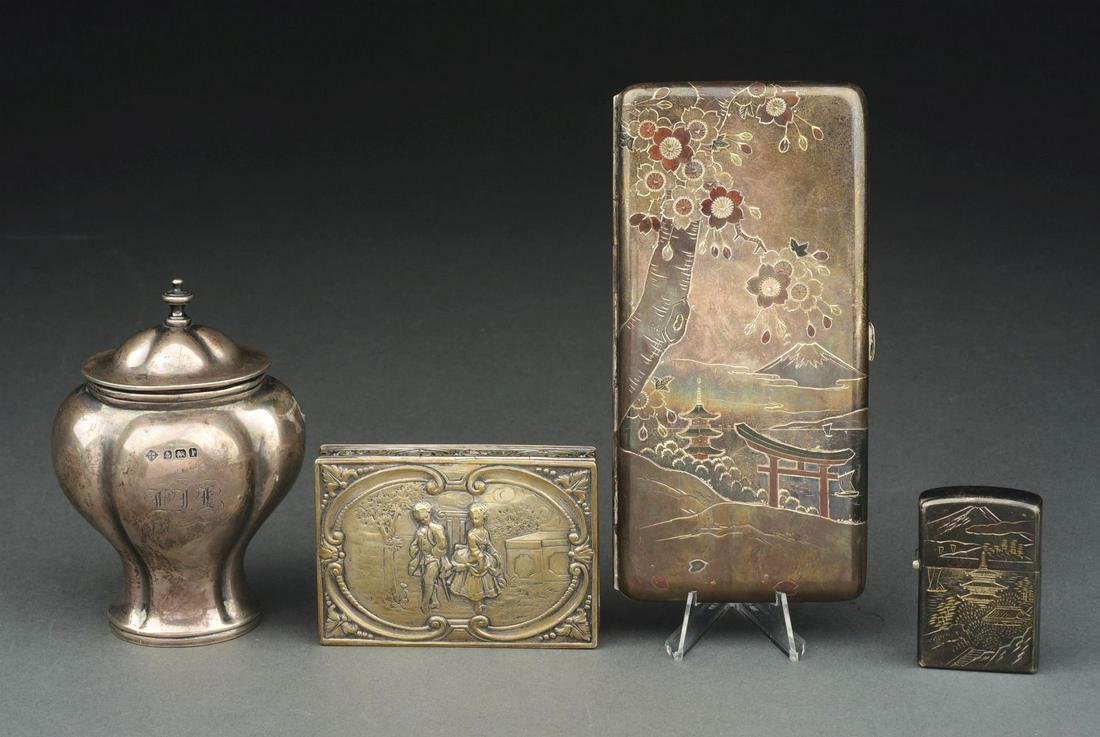 AN ENGLISH SILVER TEA CADDY AND AN ASIAN MIXED METALS CIGARETTE CASE. (1 of 7)