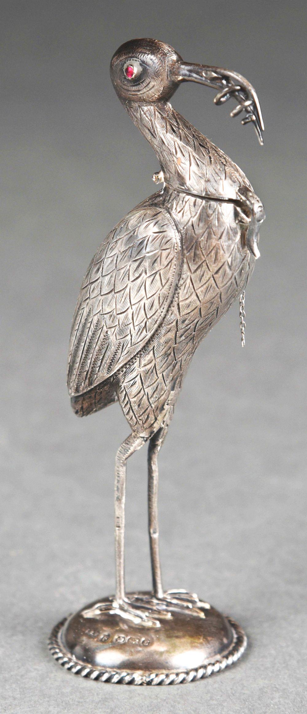 VICTORIAN STERLING SILVER STORK EATING SNAKE SCENT BOTTLE. (1 of 8)