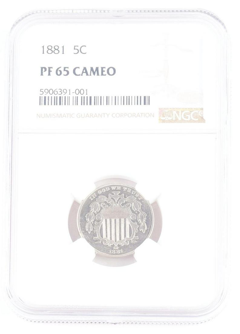 1881 5¢ SHIELD NICKEL, PF65, CAMEO, NGC. (1 of 2)