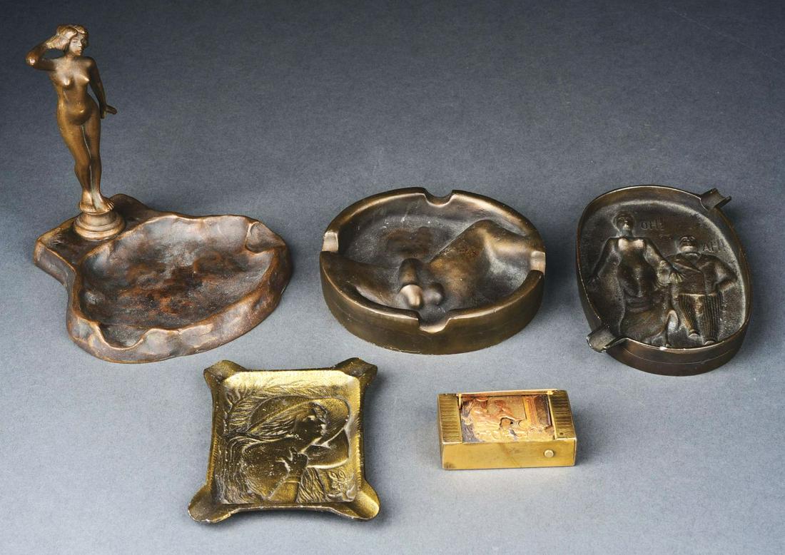 LOT OF 5: EROTICA BRONZE ASHTRAYS.: (A) Nude woman ashtray. (B) Art Deco woman ashtray. (C) Exposed male genitals ashtray. (D) Oh! Ah! man and woman, showing man's hand on woman's buttocks on reverse. Condition: Minor oxidation. (E) Mat