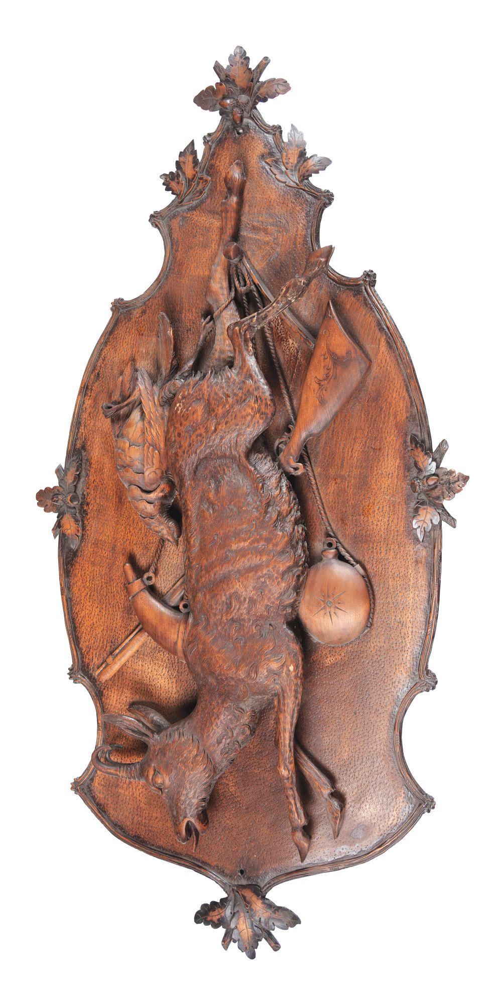 BLACK FOREST CARVED WOODEN HANGING GAME SCULPTURE. (1 of 2)