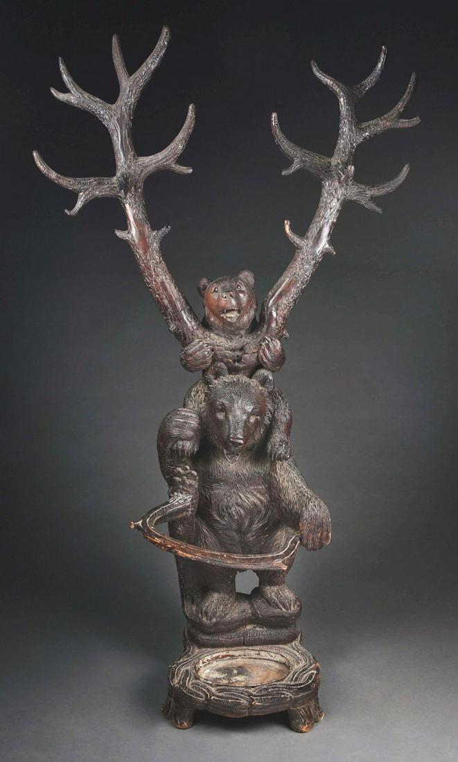 BLACK FOREST CARVED WOOD BEARS HALL TREE UMBRELLA STAND.: A very impressive, large antique, hand carved wood Swiss Black Forest bears hall tree umbrella stand. Carved standing father bear holding a baby bear on his back. The small bear is held above his head