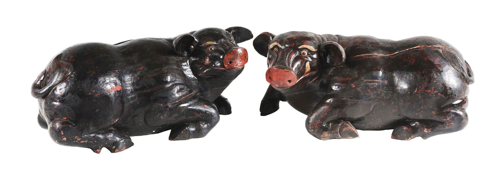 PAIR OF CARVED LIFE SIZE WOOD PIG STATUES WITH COMPARTMENTS. (1 of 9)