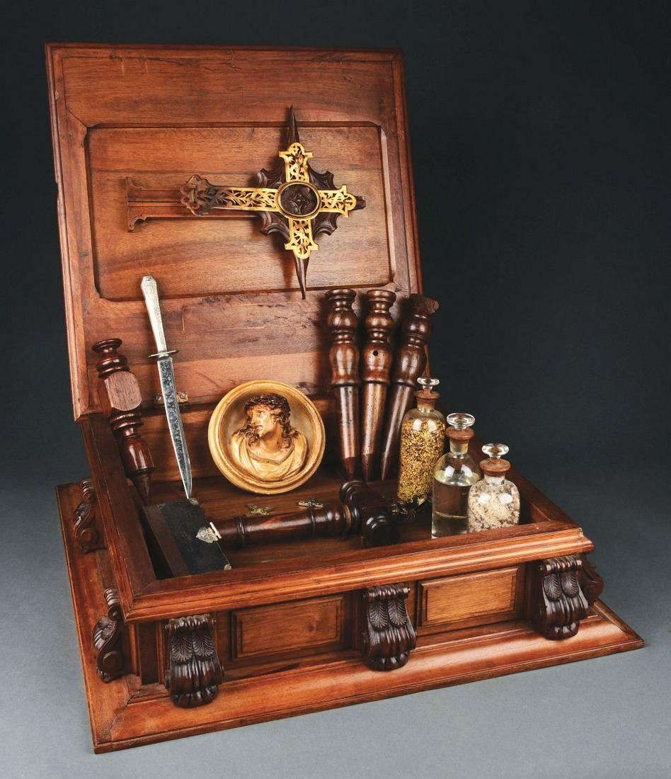 19TH CENTURY CARVED WALNUT VAMPIRE KILLING TRAVEL BOX. (1 of 5)