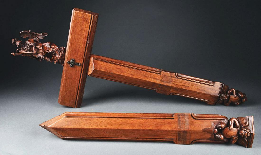 LOT OF 2: 19TH CENTURY WALNUT VAMPIRE KILLING HAMMER & STAKE. (1 of 5)