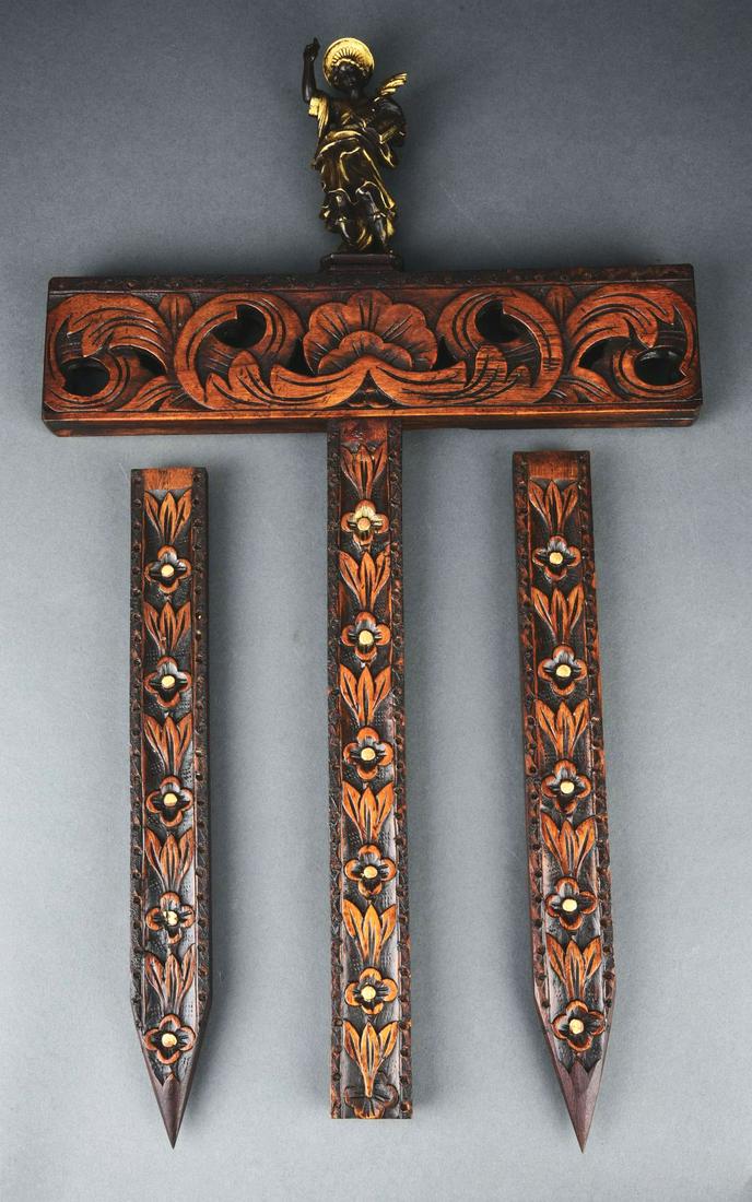 LOT OF 3: 19TH CENTURY WALNUT VAMPIRE KILLING HAMMER & 2 STAKES. (1 of 2)