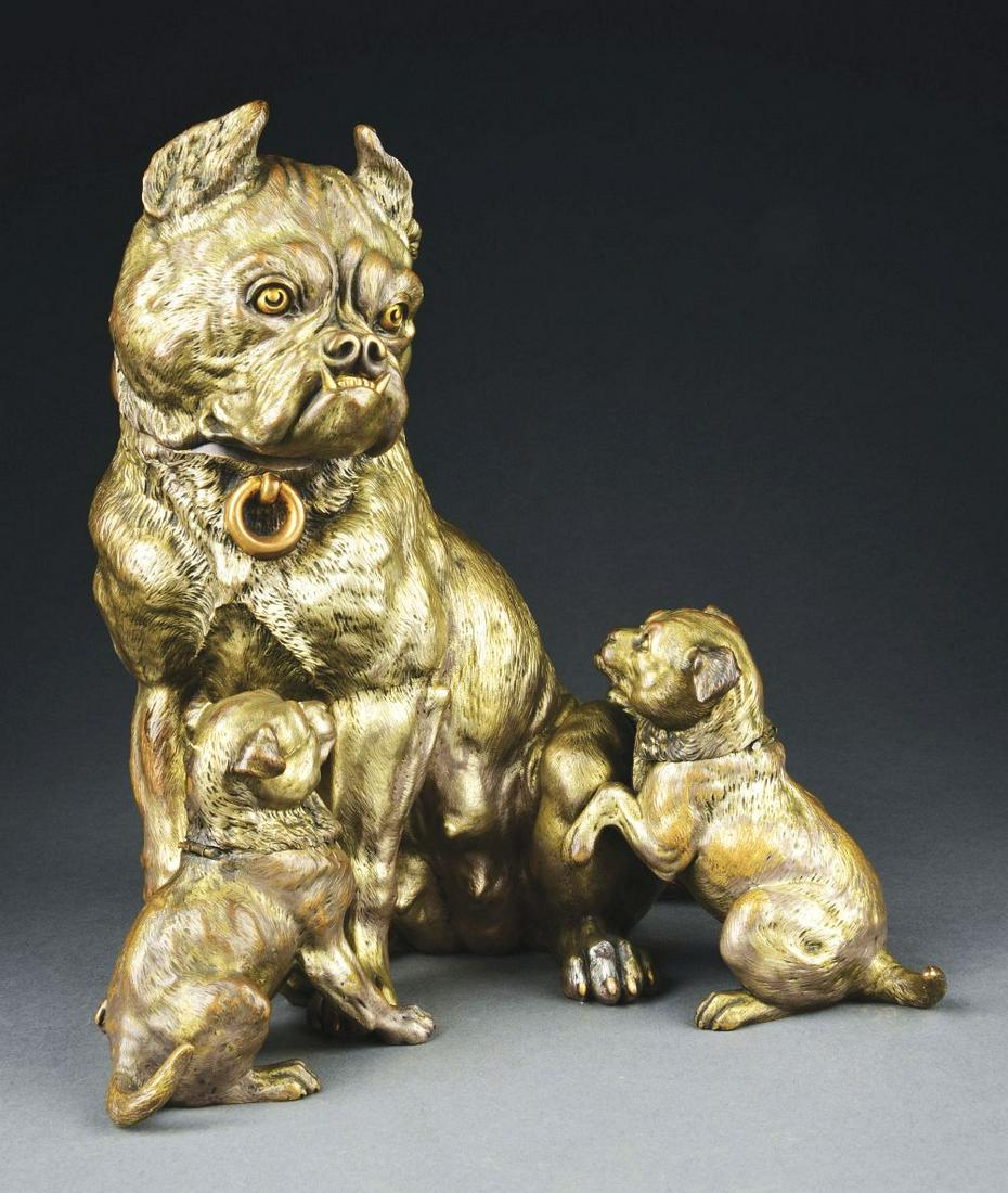 BRONZE PUGS FIGURAL HUMIDOR & 2 INKWELLS. (1 of 8)