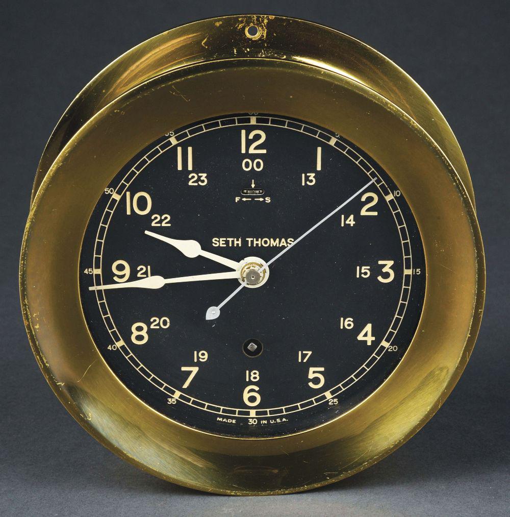 SETH THOMAS U.S.NAVY SHIPS BELL CLOCK WITH 6" BLACK DIAL. (2359) on