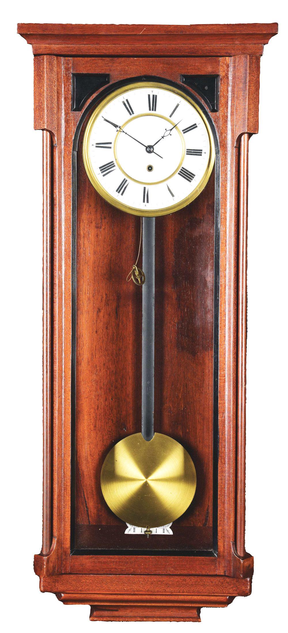 FRENCH WEIGHT-DRIVEN WALL REGULATOR.: A fine example of an eight day weight driven regulator wall clock with fine walnut cabinet, original weight, pendulum and hands. New dial. Condition: Some wear to the case, full operating, time only.C