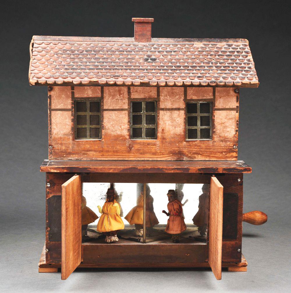 WOODEN AUTOMATON HOUSE W/ 2 DANCING GIRLS. (1 of 10)