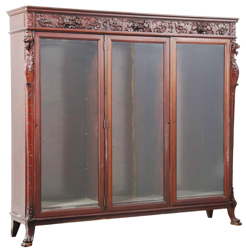 R.J. HORNER MAHOGANY 3-DOOR CARVED BOOKCASE. (1 of 1)