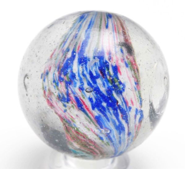 Shrunken Core 4-Paneled Onionskin Marble.: Description Unusual colors. Two opposing panels of white, red, and olive green and one panel of white and red with blue splotching opposing one panel of turquoise and white. Nice twist core. Some subs