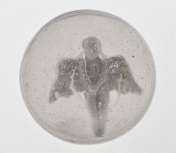 Angel Sulphide Marble.: Description Nude angel with wings out. Nice figure with slight bubble under one of its wings. Several subsurface reflections and minor flea bites. This was part of Paul's father's original collection,