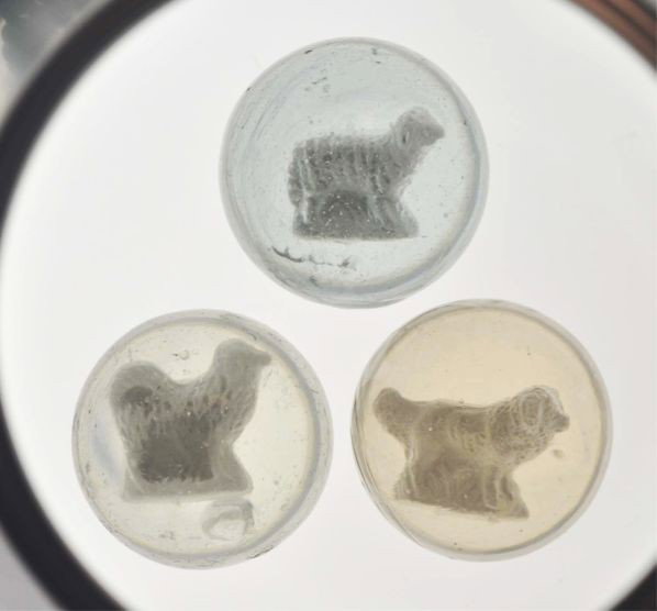 Lot of 3: Sulphide Marbles.: Description The smaller marble is a dog standing with curled tail figure with nice detail, photo list: B, C, and D. The larger marble is a sheep standing figure with nice detail and well-centered, pho