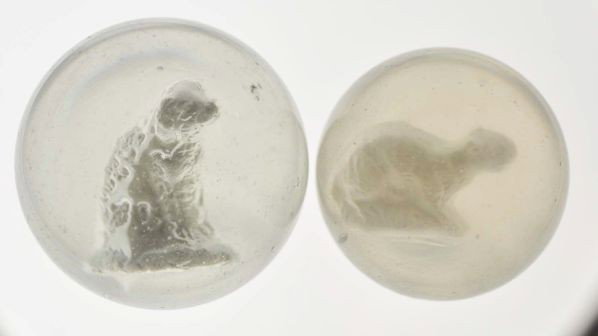 Lot of 2: Sulphide Marbles.: Description The smaller marble is a beaver figure, photo list: C. The larger marble is a dog with long ears sitting figure, photo list: C and D. Both marbles have been polished. Condition (Polished). 