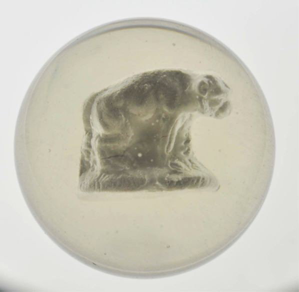 Monkey Sulphide Marble.: Description Standing monkey figure on all fours. Great, well-centered figure with nice detail. This marble has been polished with no damage showing. Photo list: B, C, and D. Condition (9.0). Size 1 - 