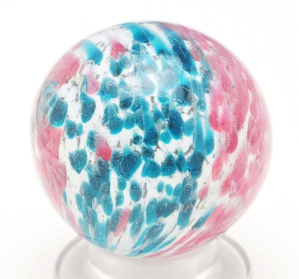 Single Pontil End of Day Marble.: Description White base with segments having red glass chunks alternating with segments having green glass chunks. Nice pull of colors over top. Marble has been polished. This marble has been in the co