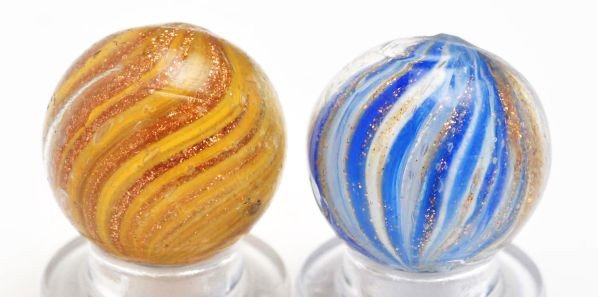 Lot of 2: Onionskin Lutz Marbles.: Description First is white and blue with medium lutz. Photo list: A, B, C, and D. The second is a yellow and medium lutz. Photo list: B, C, and D. Condition (8.8). Size Each: 11/16"" Dia."