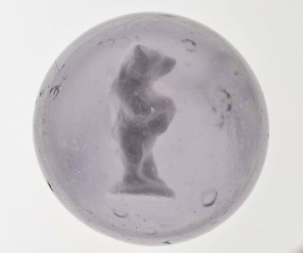 Lot of 2: Sulphide Marbles.: Description Smaller marble is a dog on hind legs (begging) figure. Photo list: B, C, and D. The larger marble is a bear on hind legs and arms crossed figure. Photo list: B. The dog sulphide has been p