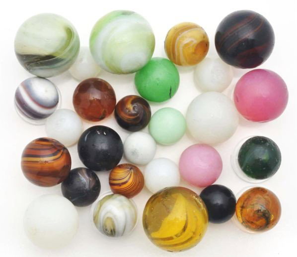 Lot of 27: Handmade Marbles.: Description Includes 12 opaques, ten Navarre swirls, one gooseberry, three double pontil slags, and one rare yellow glass swirl. One of the larger Navarre swirls has an internal fracture. Condition (8