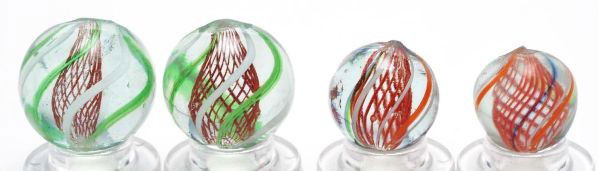 Lot of 4: Red Latticino Swirl Marbles.: Description The smaller two are hard-to-find same cane red latticinos and the larger two are also same cane red latticino swirls. Photo list: B, C, and D. Condition (9.3). Size Range: 9/16"" to 11/16"