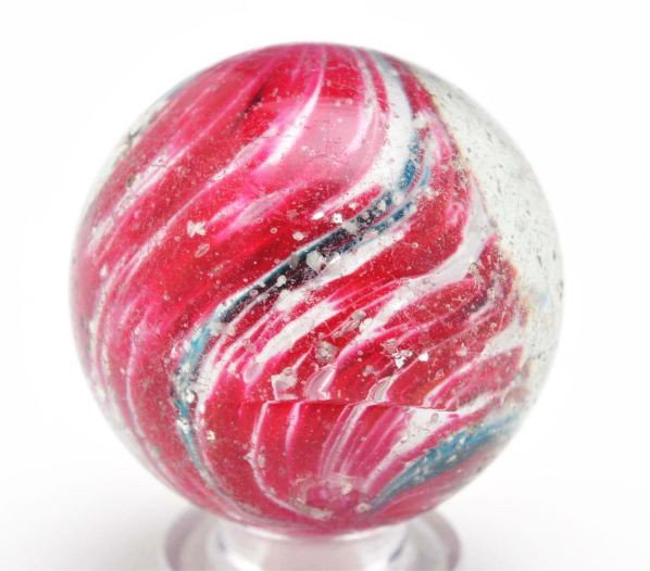 4-Paneled Onionskin Marble with Mica.: Description Two panels of red on white with opposing panels of turquoise on white. Mica dispersed throughout marble. One pontil break and several chips to surface. Condition (8.6). Size 1 - 3/16"" Dia