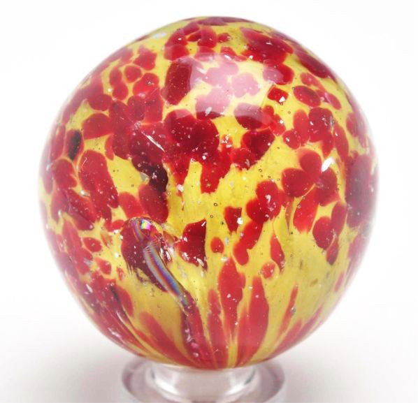 Single Pontil End of Day Marble with Mica.: Description Yellow base with red chunks, fairly sparse fine mica flakes, and a few bits of cobalt blue glass. This marble has been polished. Photo list: A, B, C, and D. Condition (Polished). Size 1 - 