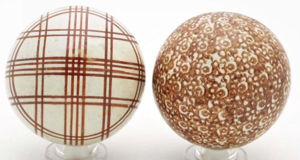 Lot of 2: Vintage Carpet Bowls.: Description Includes two brown bowls from a single game set found in Ottawa, Canada. One lined (2 x 4 x 2) with no photo and one double pattern (photo list: D). These bowls were used by opposing playe