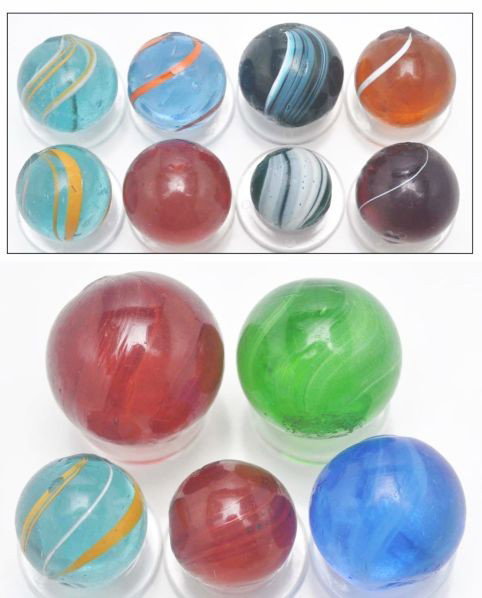 Lot of 13: Colored Glass Transparent Swirls.: Description Lot includes mainly all banded transparent swirls including two root beer butterscotch and one green glass Indian. Photo list: B and C (marbles in inset). Condition (8.8). Size Range: 9/16