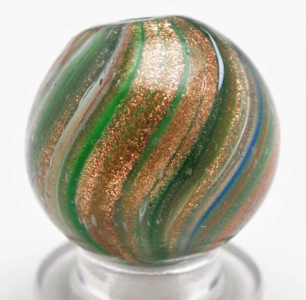 Onionskin Lutz Marble.: Description White, primarily green, and blue with heavy lutz. One internal fracture. Photo list: B, C, and D. Condition (8.8). Size 13/16"" Dia."