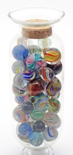 Bell Jar of 50+ Handmade Marbles.: Description Includes three lutz, two Indians, one red latticino, onionskins, ribbon cores, one ridge core, bullseye agates, one Joseph's Coat, and divided core swirls. Two marbles have been polished a