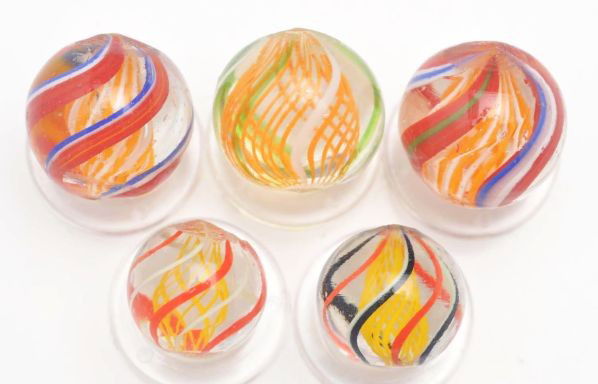 Lot of 5: Latticino Swirl Marbles.: Description Includes two bright yellow latticinos, two orange and white with alternating white latticino swirls, and one orange latticino. Condition (9.8). Size Range: 9/16"" to 21/32"" Dia."