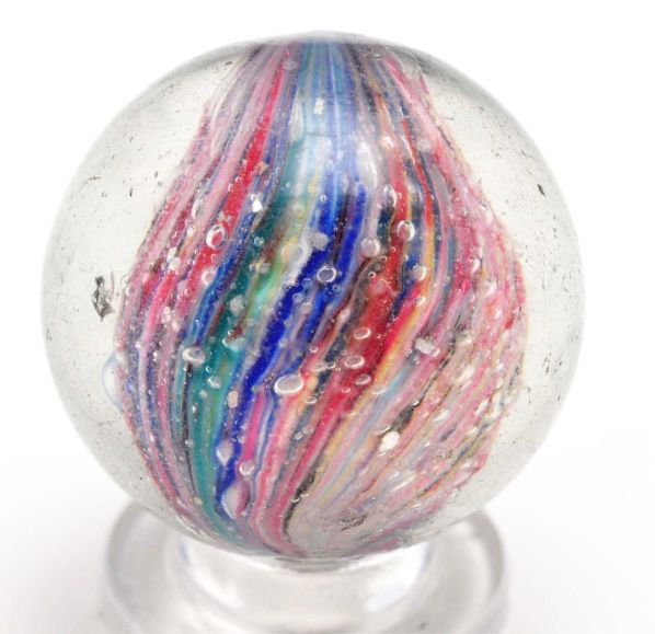 Shrunken Core Onionskin Marble with Mica.: Description Colors include white, pink, turquoise, blue, and light yellow. Heavy with mica. Condition (8.8). Size 15/16"" Dia."