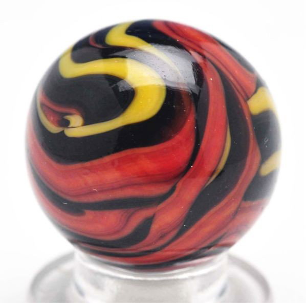 Christensen Agate Tri-Color Flame Marble.: Description Great equal color distribution of a black base with yellow and brown. Nice flame patterns throughout. Condition (9.7). Size 3/4"" Dia."