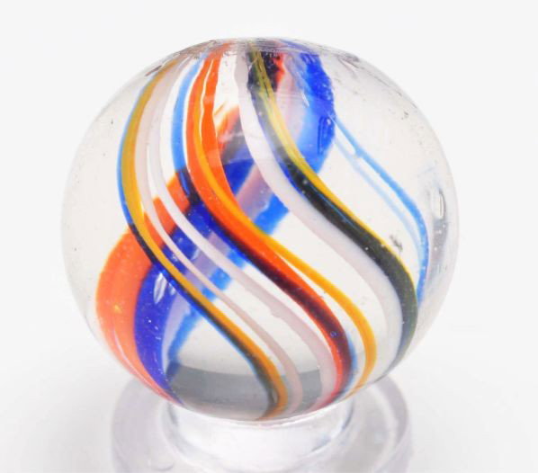 End-of-Cane Joseph's Coat Marbles.: Description Nice English colors with ribbons going up the sides of the marble. Faceted pontil. Condition (9.5). Size 15/16"" Dia."