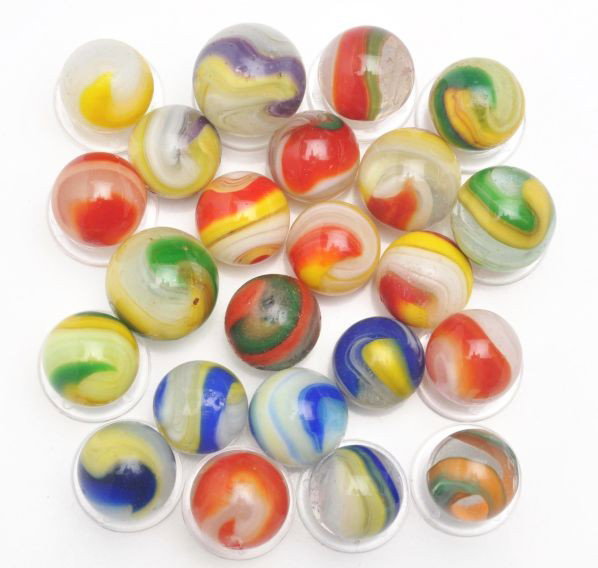 Lot of 23: Assorted Akro Marbles.: Description Includes 16 assorted Popeyes and seven assorted Akros, including corkscrews. Condition (8.5). Size Range: 5/8"" to 3/4"" Dia."