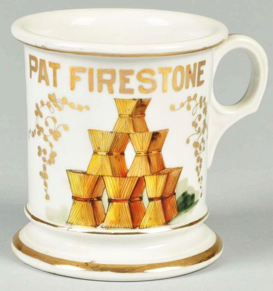 Stacked Hay Scene Shaving Mug.: Description Gilt name "Pat Firestone". "C.E. Hoffman Co. Barber Supplies Dallas, TX" mark and incised "Germany" on bottom. No cracks, chips, or repairs.Condition (Near Mint). Size 4" T.