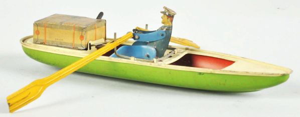 Tin Litho CKO Rowboat Wind-Up Toy.: Description German. Working. Very unusual toy marked "CKO DRGM" on trunk and "Made in Germany". Includes original tin litho driver and original oars. When wound, man rows. Some scratching and wear ove