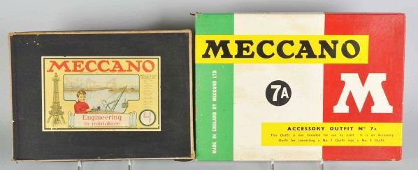 Lot of 2: Meccano Erector Set Toys.: Description English. Includes one pre-war set and one post-war set labeled "7A". Both sets appear to be complete. Includes both original boxes. Unused condition.Condition (Near Mint). Size Largest Box
