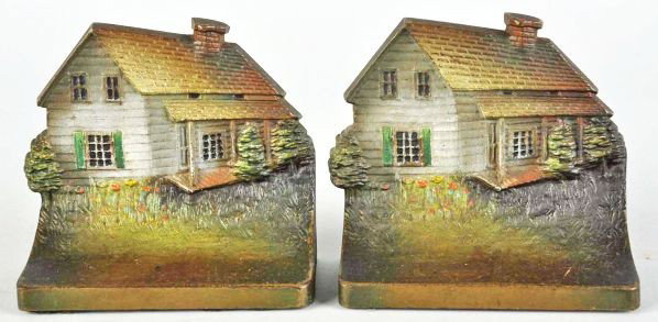 Pair of Cast Iron Edgar Allen Poe Cabin Bookends.: Description Marked "B&H" (Bradley and Hubbard). Matches doorstop.Condition (Excellent Plus). Size 4" T.