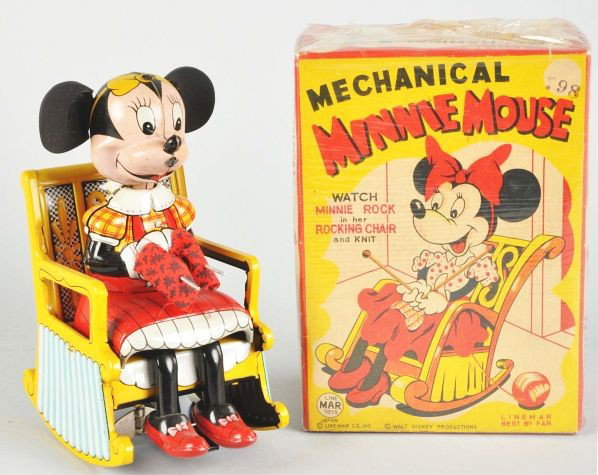 Tin Linemar Disney Minnie Knitting Wind-Up Toy.: Description Japanese. Working. Original knitting cloth and original ears. Ears have hardened due to age. Some minor play wear overall. Includes original box.Condition (Excellent). Size 7" T.