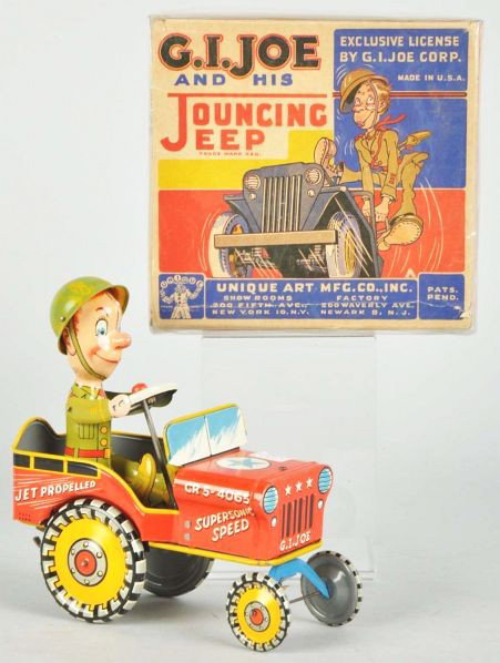 Tin Litho Unique Art G.I. Joe Jeep Wind-Up Toy.: Description American. Working. Minor wear overall. Includes original box with one laser copied end flap.Condition (Excellent). Size 6 - 1/2" L.