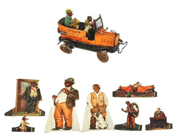 Tin Litho Marx Amos 'N Andy Taxi Wind-Up Toy.: Description American. Working. Taxi is all original except for back Andy figure. Includes seven cardboard Pepsodent cutouts marked "1930" and "1931" with some creasing throughout. Taxi has one loose w