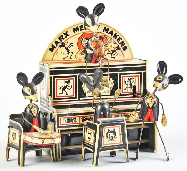 Tin Litho Marx Merry Makers Band Wind-Up Toy.: Description American. Working. Marquee variation. Includes violin player. Some rust to corrosion to one chair and minor scratching throughout.Condition (Very Good). Size 8" T.