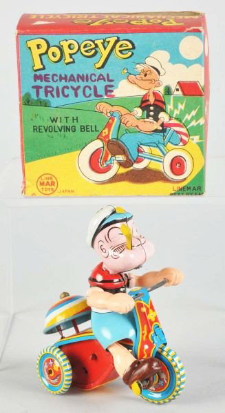 Tin Litho Linemar Popeye Tricycle Wind-Up Toy.: Description Japanese. Working. Original pipe. Includes original box with some creasing.Condition (Very Good - Excellent). Size 4 - 1/4" T.