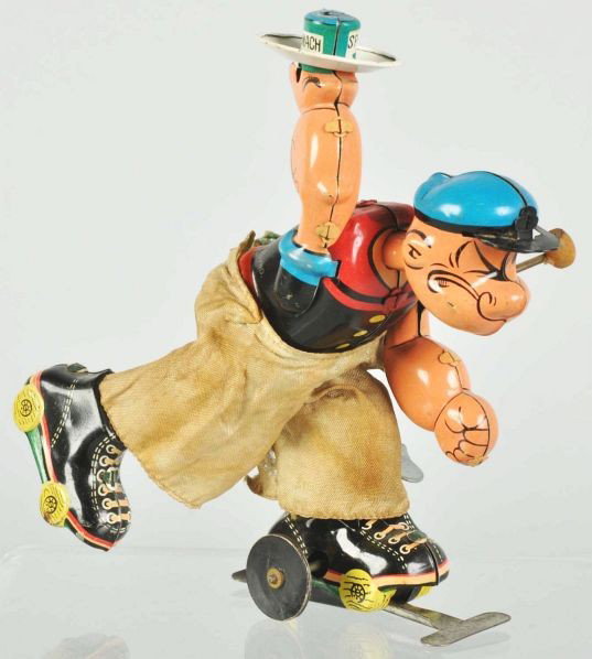 Tin Litho Linemar Popeye Skater Wind-Up Toy.: Description Japanese. Working. Original pipe. Original pants are soiled and torn. Missing rubber on guide wheel.Condition (Good - Very Good). Size 6" T.